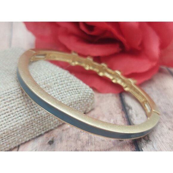 Lia Sophia Gray Enamel Gold Tone Stretchable Bangle Bracelet Baguette Crystals - Picture 2 of 12